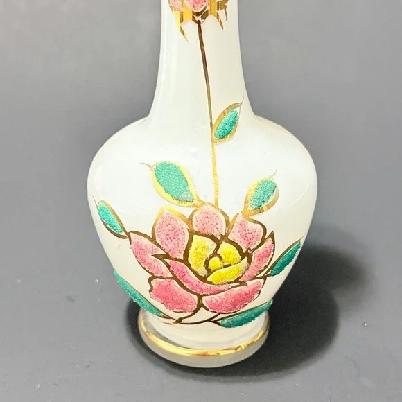 Vtg Satin Frosted Glass 8" Bud Vase Sugar Bead Floral Hand Painted Gold Trim - Picture 6 of 16